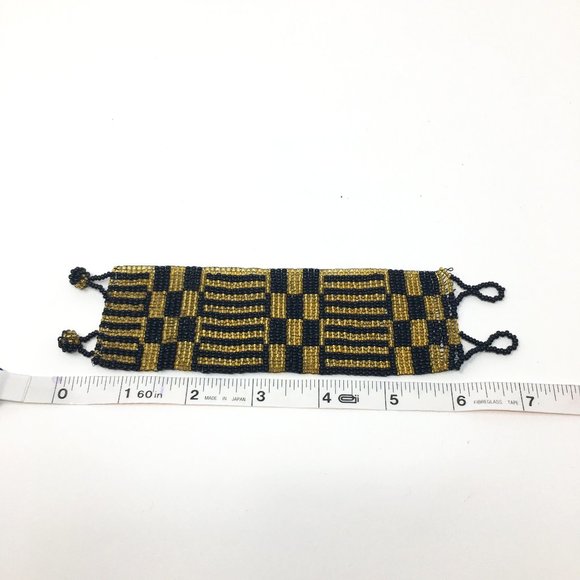 Art Deco Inspired Gold Black Wide Loom Woven Seed Bead Cuff Bracelet - Picture 15 of 16